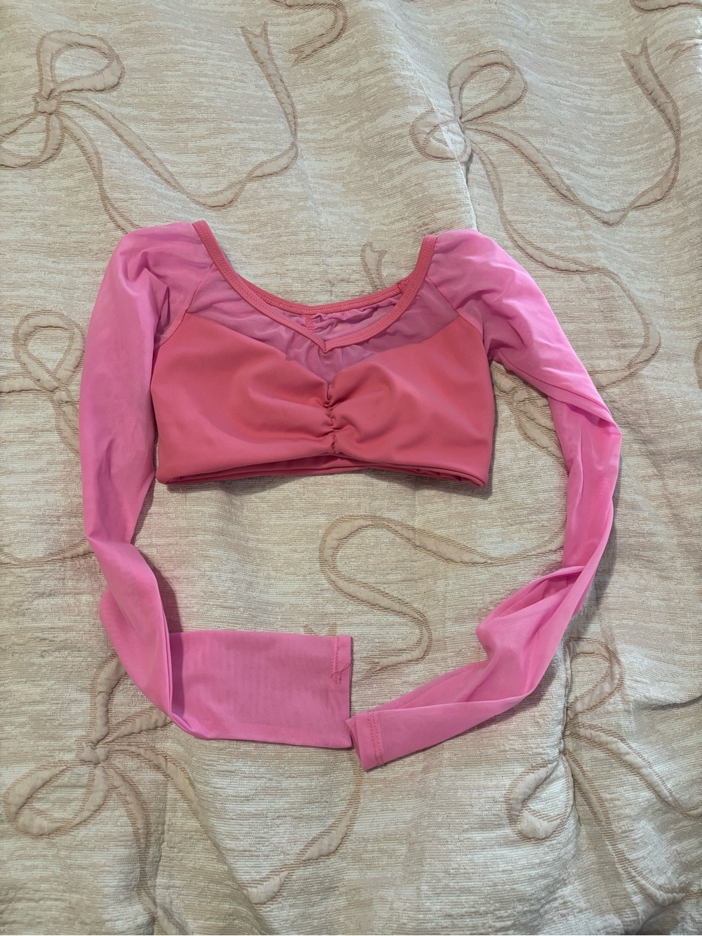 Pink Long-Sleeve Crop Top with Mesh Accents Five The Label
